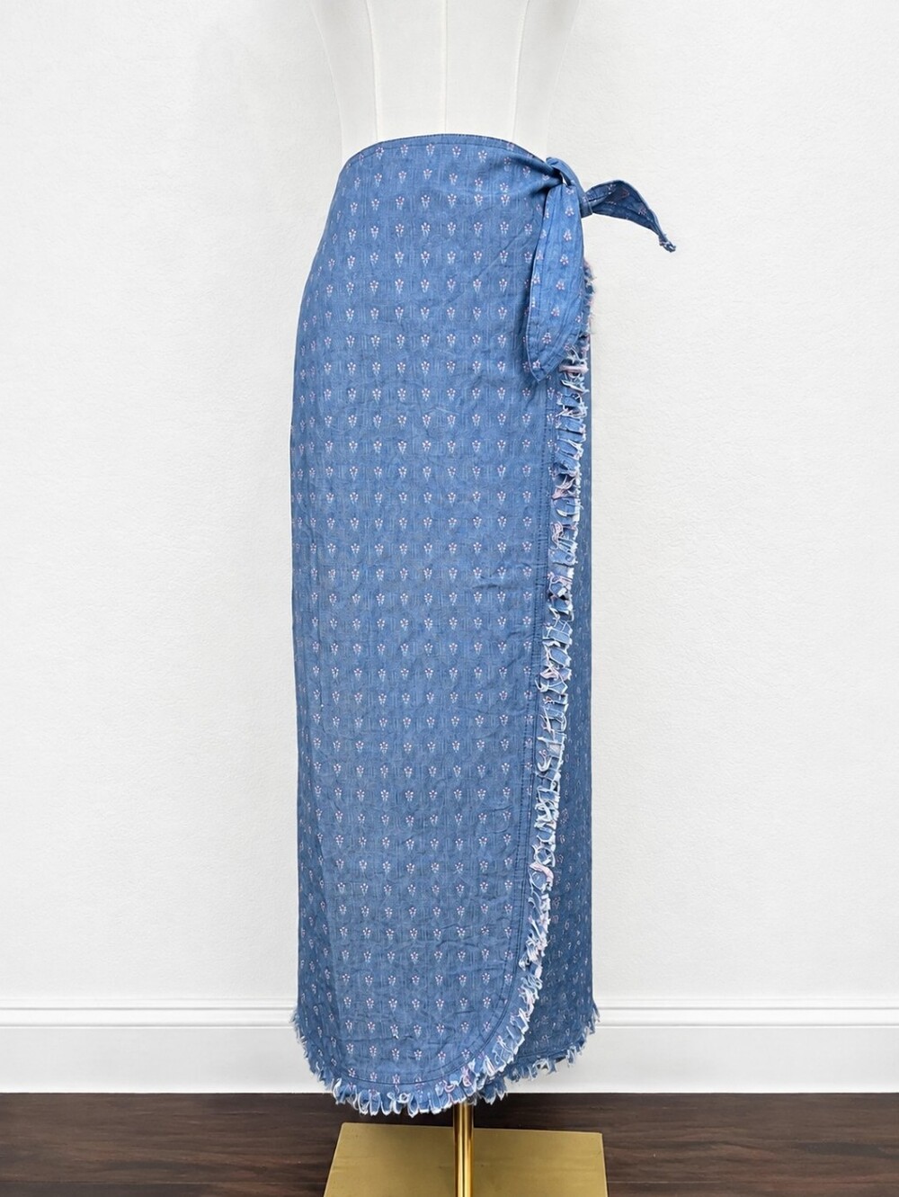 Vintage 90s Floral Wrap Maxi Skirt S Boho Prairie Fringe Chambray Cottagecore